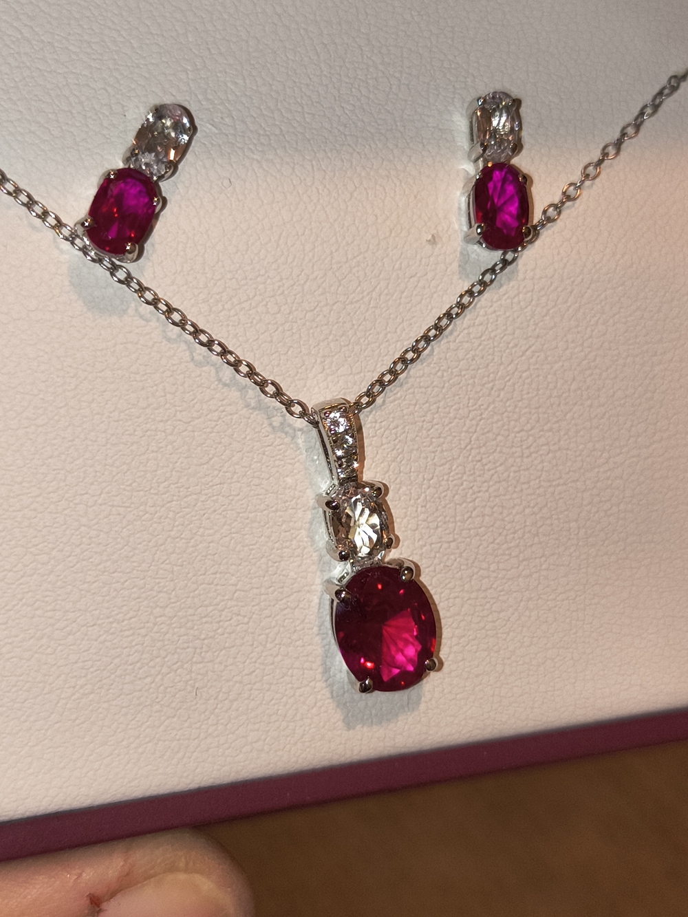 Sterling Silver Ruby-Red Oval Pendant Necklace and Stud Earrings Set